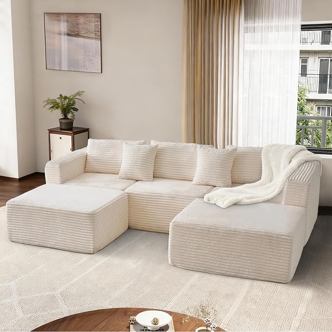 110" Corduroy Boneless Modular Sectional Sofa, Cloud Couch with Memory Foam Deep Seats, U-Shaped Couches for Living Room, Bedroom and Apartment, No Assembly Required, Beige