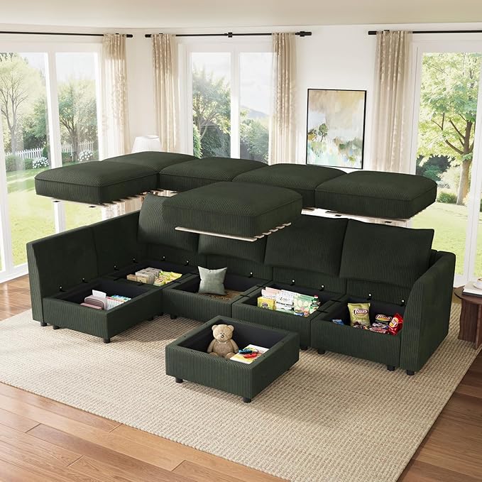 HONBAY Modular Sectional Sleeper Sofa Green Couch L Shaped Sectional Sofa with Storage, Convertible Couches for Living Room - Green