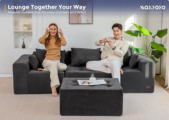MAXYOYO Modular Sectional Sofa Couch, L Shaped Boneless Cloud Couch with Flexible Ottoman, Chenille Upholstered Living Room Sleeper Sofa Chair for Living Room, No Assembly Required, Dark Grey