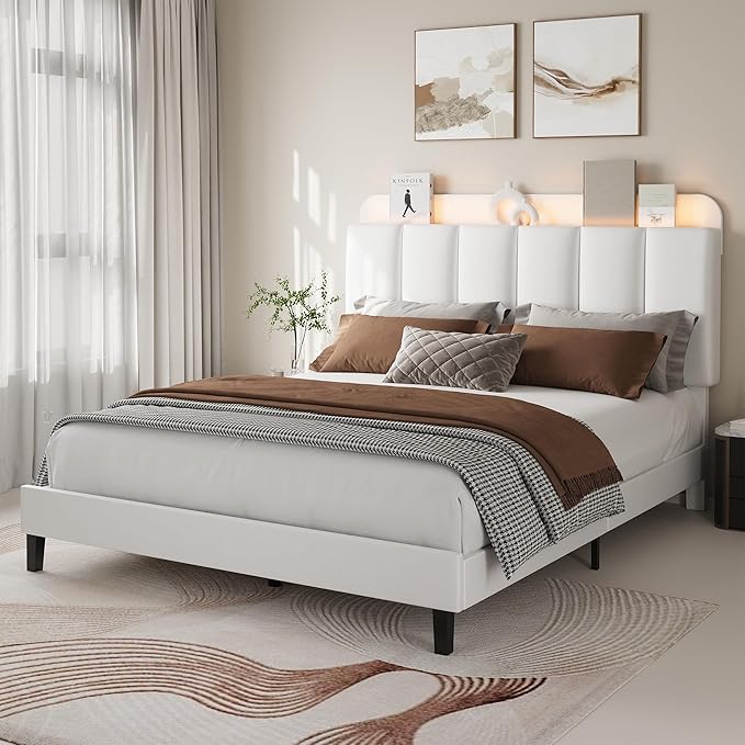 BarnFurin Full Size Bed Frame with Upholstered Headboard and LED Lights, Platform Bed Frame Full with Storage, Noise-Free, No Box Spring Needed, Easy Assembly, White