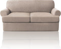 PrinceDeco T Cushion Loveseat Slipcover 3 Pieces Sofa Covers for T Cushion Sofa Stretch Slip Covers for 2 Cushion Couch with 2 Individual T Shape Seat Covers Width Up to 76" - Washable, Sand