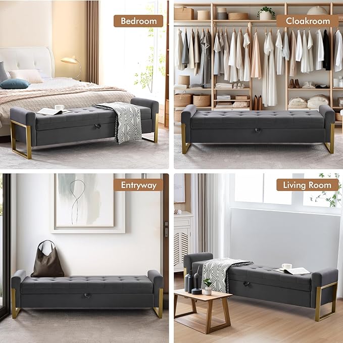 67" End of Bed Storage Bench King Size, Velvet Storage Bench for Bedroom Foot of Bed, Upholstered Storage Ottoman Bench with Gold Legs for Window Living Room Entryway, Dark Grey