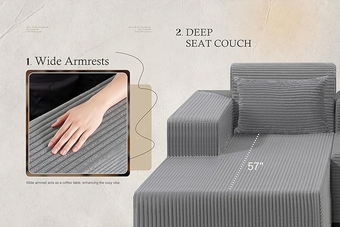 HABUTWAY Sectional Couches for Living Room,No Assembly L Shaped Couch 105" Modular Sectional Sofa Couch with Deep Seat,Cloud Couches Furniture Sets for Apartment,Corduroy (Light Grey, Left Facing)