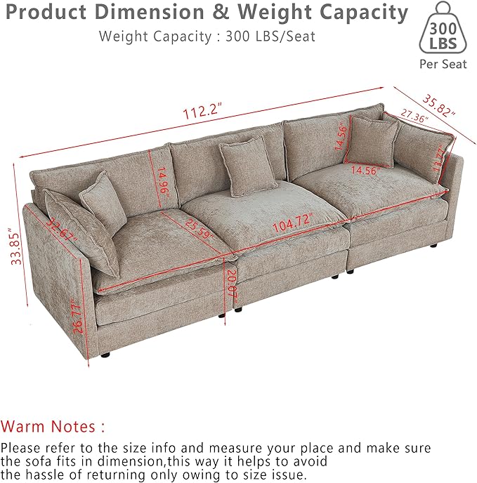 Setawix Chenille Cloud Couches for Living Room,3 Seater Cloud Sofa Couch with Deep Seat,112.2" Roomy Cloud Sofas,Modular Sectional 3 Seat Sofa with Pillows for Bedroom (Coffee, 3 Seater)