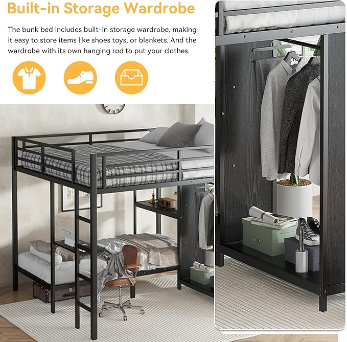 Bunk Bed Frame with Built-in Wardrobe King Over Twin XL Size, Metal Loft Bed with Foldable Desk and Storage Shelf, Black Bunk Beds King Size for Adults Teen Kids, No Box Spring Needed