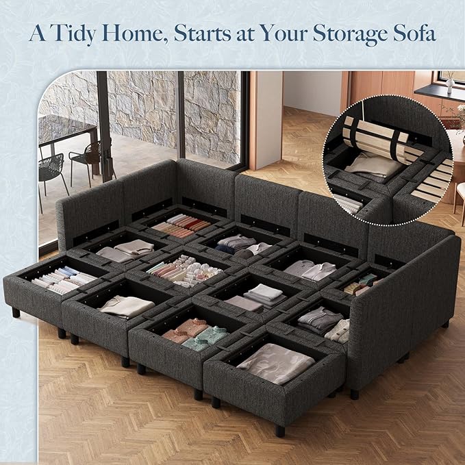 Belffin 110.2" 12 Seats Modular Sectional Sofa Sleeper Sofa Big Washable Sectional Couches for Living Room Comfy Couches with Storage Seat Couch Sofas with Chaise,Dark Grey