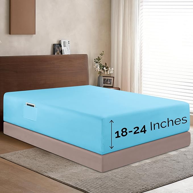 Elegant Comfort 1500 Premium Hotel Quality 18-24 Inches Deep - Extra Deep Pocket Single Fitted Sheet for High Mattress, Luxury and Softest, Smart Pocket - Wrinkle Free, California King, Aqua Blue