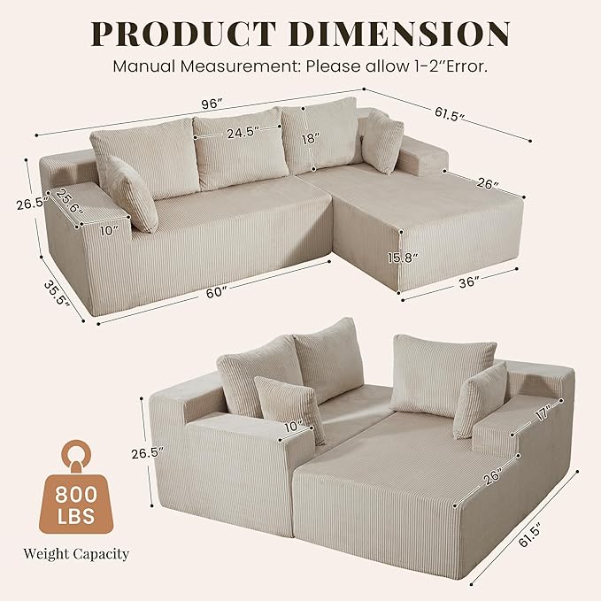 Cloud Sectional Boneless Couches for Living Room, Modular L Shaped Couch with Deep Seat Oversized Right Facing Chaise, Memory Foam Compressed Spineless 3 Seater Sofa for Apartment, Taupe | No Assembly Required, Deep Seat, Cat-Claw Resistant, High-Resil...