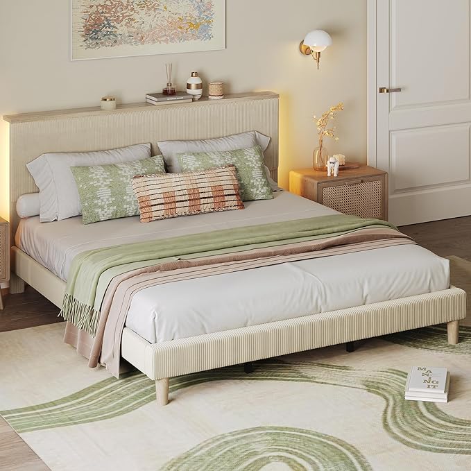 Bestier King Bed Frame with Adjustable Headboard & LED Lighting, Corduroy Upholstered Platform Bed Frame with Storage Shelf, Solid Wood Slats, No Box Spring Needed, Never Squeak, Easy Assembly, Beige