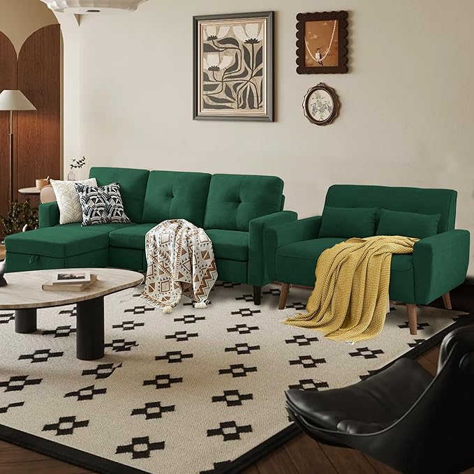 Convertible Sectional Sofa Set, Small L Shaped 3-Seat Couch with Reversible Chaise and Accent Chair, Modern Polyester Sofas Couches for Living Room, Green | L Shaped 3-Seat, Reversible Chaise, Accent Chair, Modern, Polyester, Living Room