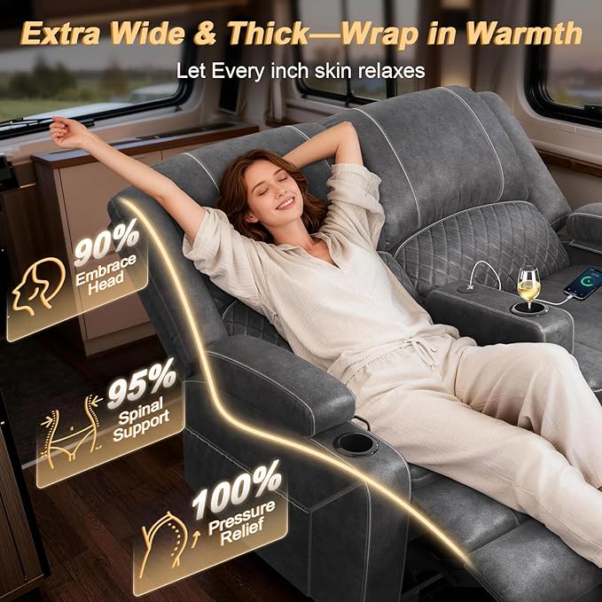 RV Loveseat Recliner Wall Hugger, Manual RV Reclining Loveseat with Removable Armrest, 3X Adjustable Theater Wall Hugger Loveseat Recliners with USB Ports, Cup Holders, Multi-Storage (Velvet,Grey)