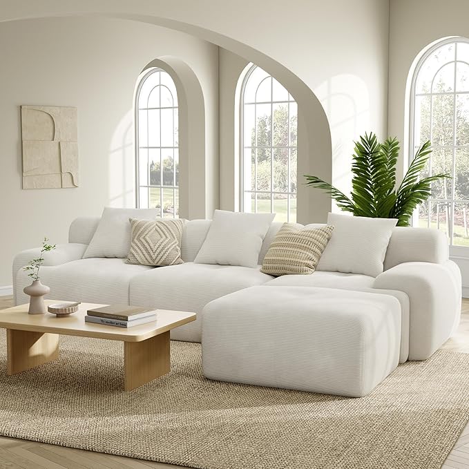 LIKIMIO LumiCord Modular Sectional Sofa with Ottoman, 118" L-Shaped Boneless Couch for Living Room, Oversized Deep Seat with Corduroy Upholstery, No Assembly Required, Beige