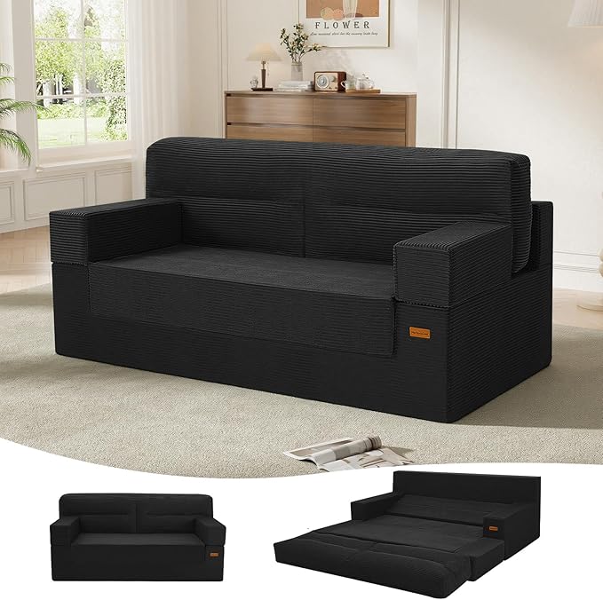 MeMoreCool Boneless Couch Convertible Sofa Bed Queen, Corduroy Futon Couch Sleeper Sofa, Boneless Loveseat Pull Out Couch Bed, Fold Out Floor Sofa for Living Room Bedroom Apartment, Black