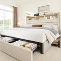 BRELTAM King Size Bed Frame with 6 Storage Drawers, Linen Upholstered Platform Bed with Charging Station,2-Tier Wave-Shaped Headboard Design,No Box Spring Needed,Easy Assembly,Beige