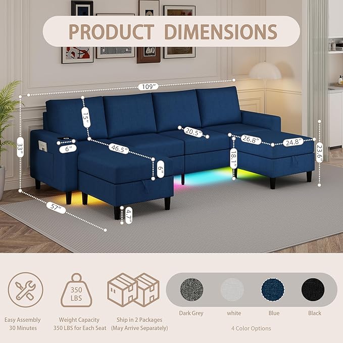 U Shaped Sectional Couches for Living Room, 109" Linen Cloud Couch with Chaise Lounge/Storage Ottoman, 4 Seat Sectional Sofa with Smart Module-Wireless Charging/USB/Type-C/RGB Lights (Blue)