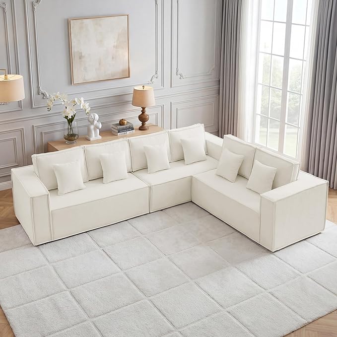 138'' Boneless L Shaped Couch, Oversized Modular Sectional 6 Seater Sofa, Modern Deep Seat Corner Cloud Compressed Couch, No Assembly Sleeper Sofa with Chaise for Living Room, Beige