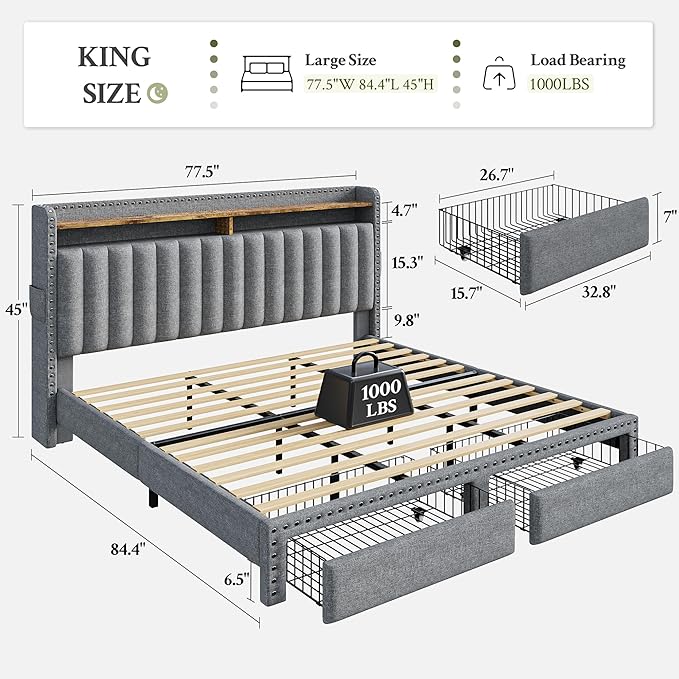EnHomee King Size Bed Frame with 2 Metal Storage Drawers, Vertical Tufted Upholstered King Platform Bed with Headboard Shelf, 1000lbs Heavy Duty, No Box Spring Needed,Easy Assembly,Grey