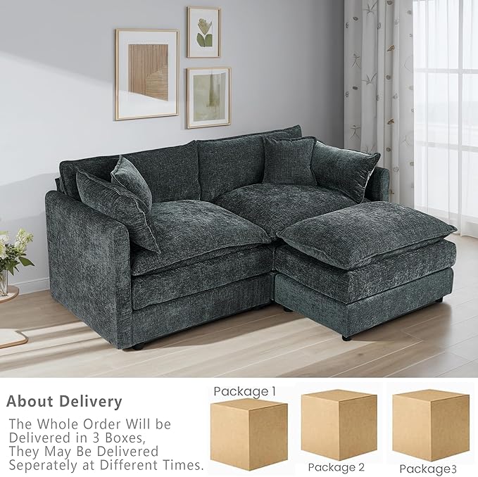 Setawix Deep Loveseat Couch with Ottoman,Large L-Shaped 2 Seater Cloud Couches for Living Room,77.16" Chenille Cloud Sofas with Deep Seat,Modular Sectional 2 Seat Sofa for Bedroom (Grey, 2+1)