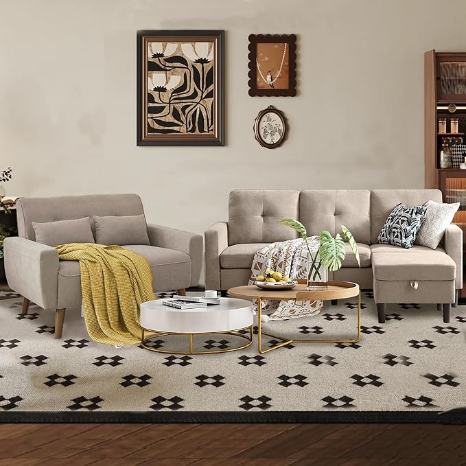 Convertible Sectional Sofa Set, Small L Shaped 3-Seat Couch with Reversible Chaise and Loveseat Sofa, Modern Polyester Sofas Couches for Living Room, Beige | L Shaped 3-Seat, Reversible Chaise, Loveseat Sofa, Modern Polyester, For Living Room