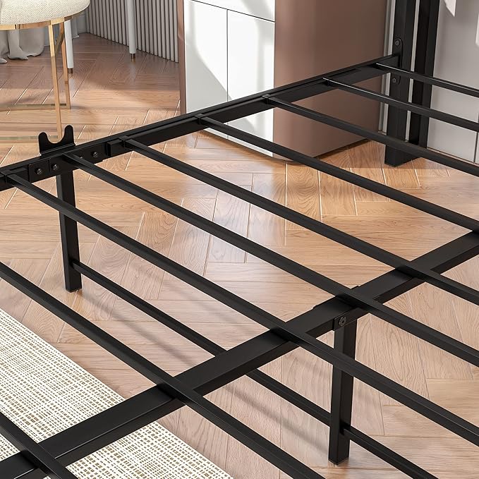 BOFENG Queen Bed Frame with Wood Headboard Storage,Heavy Duty Metal Platform Bed Frame Queen Size with Charging Station,Reinforced Steel Slats Support,No Box Spring Needed,Noise Free,Brown