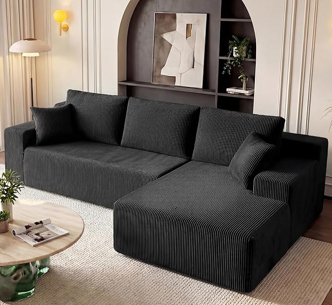 Cloud Sectional Boneless Couches for Living Room, Modular L Shaped Couch with Deep Seat Oversized Right Facing Chaise, Memory Foam Compressed Spineless 3 Seater Sofa for Apartment, Black | No Assembly Required, Deep Seat, Cat-Claw Resistant, High-Resil...