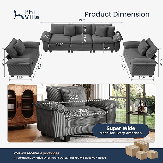 PHI VILLA Cloud Modular Couches Sets, 3 Pieces Large Sectional Sofas Set with Single Sofa, 5-Seater Upholstered Couch for Living Room, Corduroy, Grey