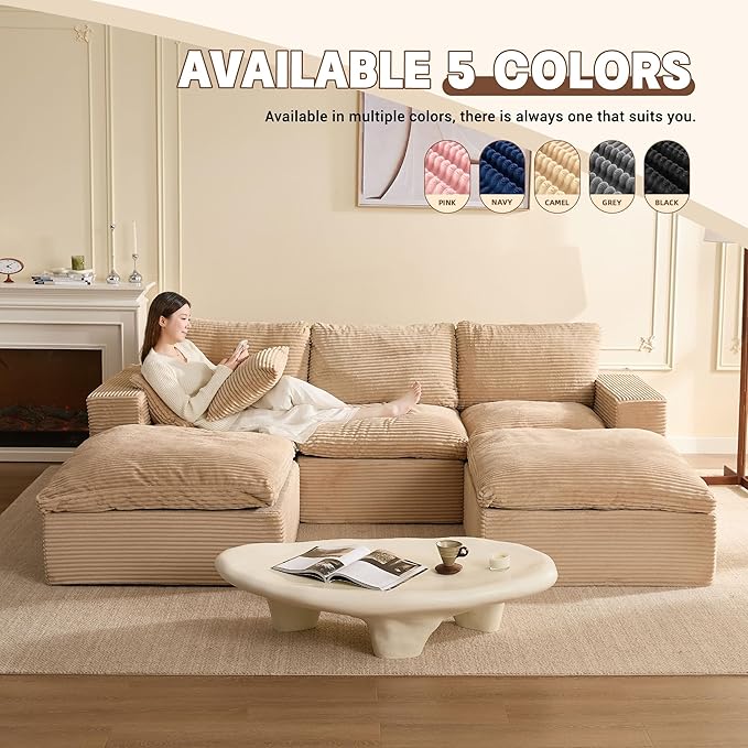 106.3” Sectional Couches for Living Room, Set of Cloud Couch, Modular Sectional Sofa, Convertible Sofas Bed, Deep Seat Sofa, U Shaped Cozy Sofa Furniture Set, Corduroy, Camel