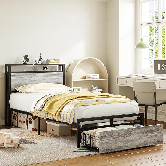 LIKIMIO Twin XL Bed Frames with Drawer, Storage Headboard with Outlets, No Box Spring Needed, Easy Assembly, Industrial Gray