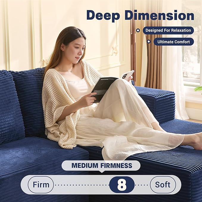 107" Boneless Couch with Deep Seat, Set of Modular Sectional Sofa, Cloud Sectional Couch for Living Room, No Assembly Required, Corduroy, U-Shape 3 Seater Right, Blue