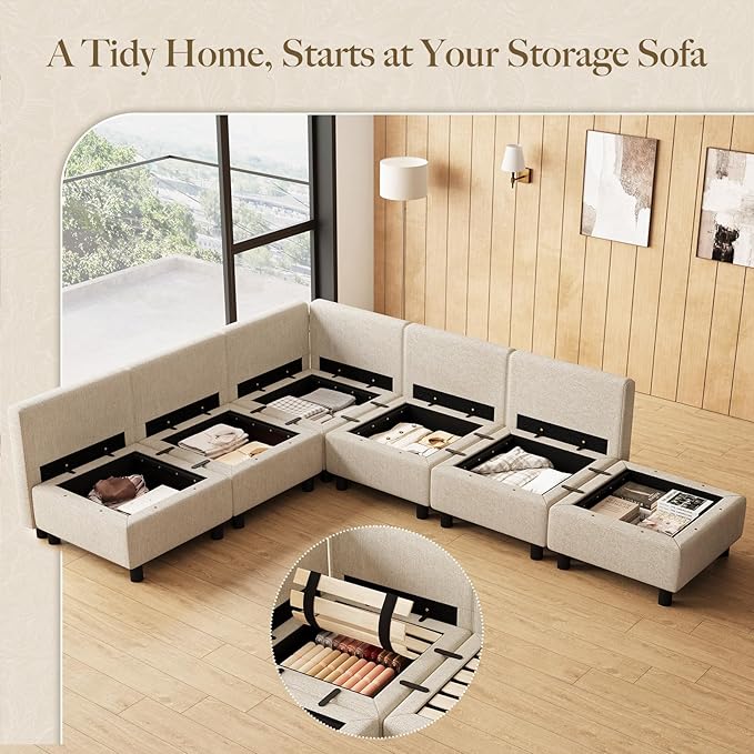 Belffin 107.1" 6 Seats L Shaped Couch Modular Sectional Sofa Seat Couch with Storage Comfy Washable Sectional Couches for Living Room Sofas with Chaise,Beige