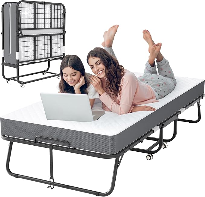 Superday Folding Bed with Mattress, 75" x 31" Folded Bed, Roll Away Beds with Mattresses for Adults, Portable Roll Away Guest Beds for Easy Storage, Space-Saving Sturdy Metal Frame