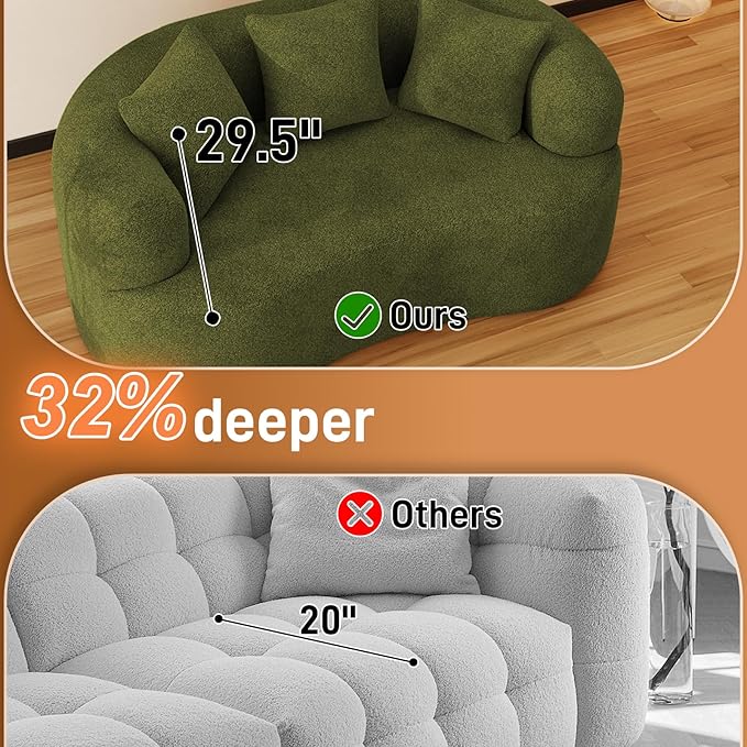 69" Curved Loveseat Sofa for Living Room, Modern Chenille Love Seat Cloud Couch, Luxury Plush Extra Deep Oversized Sofa for Small Spaces, Bedroom, Apartment‌, No Assembly Required, Green