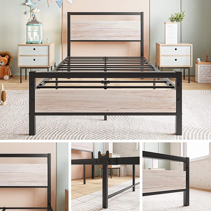 BOFENG Twin Bed Frame with Wood Headboard Farmhouse Bed,Heavy Duty Metal Platform Bed Frames No Box Spring Needed,Firm Mattress Foundation Steel Slat Support Easy Assembly(Natural Oak)