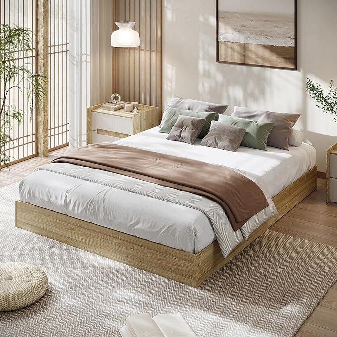 Solid Wood Platform Bed with Sturdy Wooden Slats, California King Size Floor-Standing Bed Frame, Modern Minimalist Design Bed Frame, No Box Spring Needed, Easy Assembly