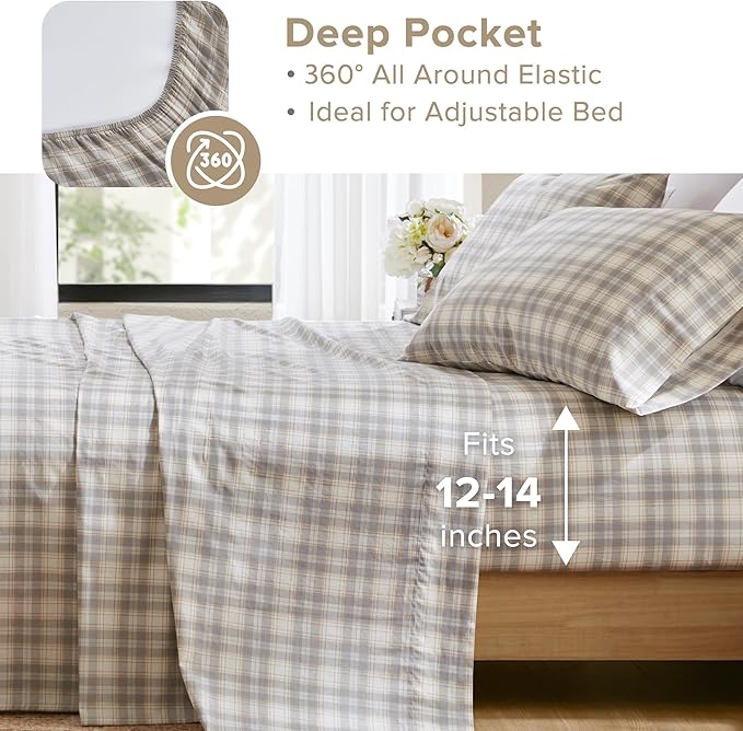 Comfort Spaces 100% Cotton Sheets Twin XL, Breathable, Naturally Cool Cotton Sheets, Soft Cotton Bed Sheets with 12" Elastic Pocket Fits up to 14" Mattress, All Seasons Sheet Set, Wesley Taupe 3 Piece