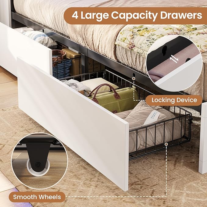 VIAGDO Farmhouse Bed Frame Full Size with Bookcase Storage Headboard, Charging Station and LED Lights, Wooden Full Bed Frame with 4 Drawers, Barn Door Design, No Box Spring Needed, No Noise, White