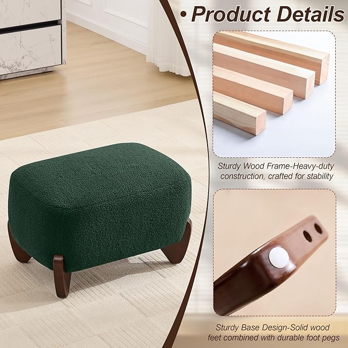 28.7" Sherpa Boucle Ottoman with Solid Wood Legs, Modern Upholstered Footstool, Comfy Ottoman for Living Room, Bedroom, Green
