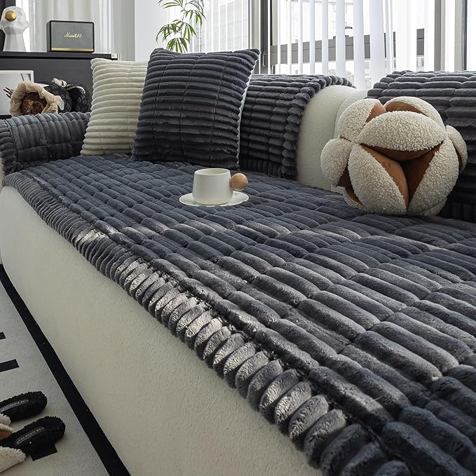 Sofa Couch Cover, Sofa Covers for Dogs Washable, Non-Slip Striped Sofa Slipcovers for Sectional Sofa, Sofa Cover Furniture Protector for L Shaped(1pc, Dark Grey, 24.8"×54")