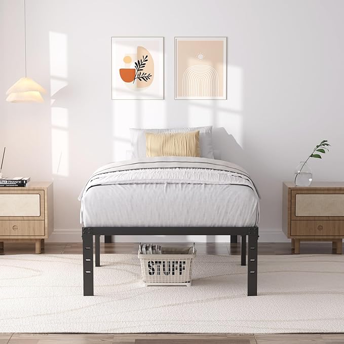 SHLAND Bed Frame Twin, 18 Inch Metal Twin Platform Bed Frame No Box Spring Needed, Mattress Foundation, Storage Space, No Noise, Easy Assembly