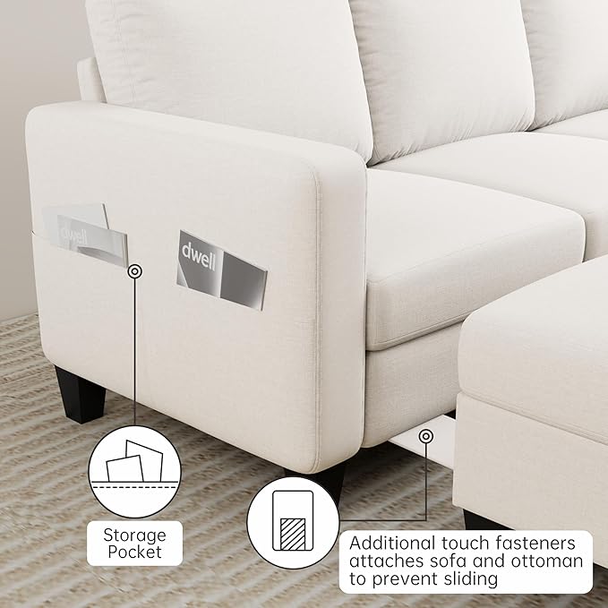 Sectional Sofa and Couches for Living Room, 78'' Beige 3 Seat L-Shaped Couch with Movable Ottoman, Comfy Linen Convertible Sectionals Sofas with Chaise for Apartment, Dorm, Small Space