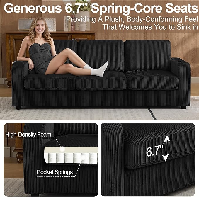 87.4" Oversized 3 Seater Couch,Upholstered Sofa for Living Room,Modern Deep Seat Comfy Loveseat Couches with Cup Holders,Corduroy Love Seat Sofa (Black)