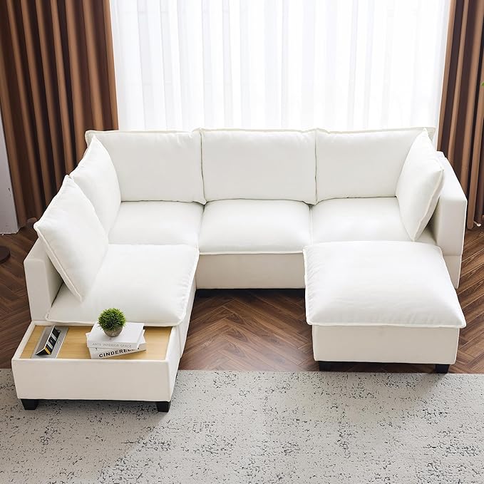 Harper & Bright Designs 90" U-Shaped Sectional Sofa Modular Sofa Couch with a Movable Ottoman, a Coffee Table with Hidden Charging Devices for Living Room, White