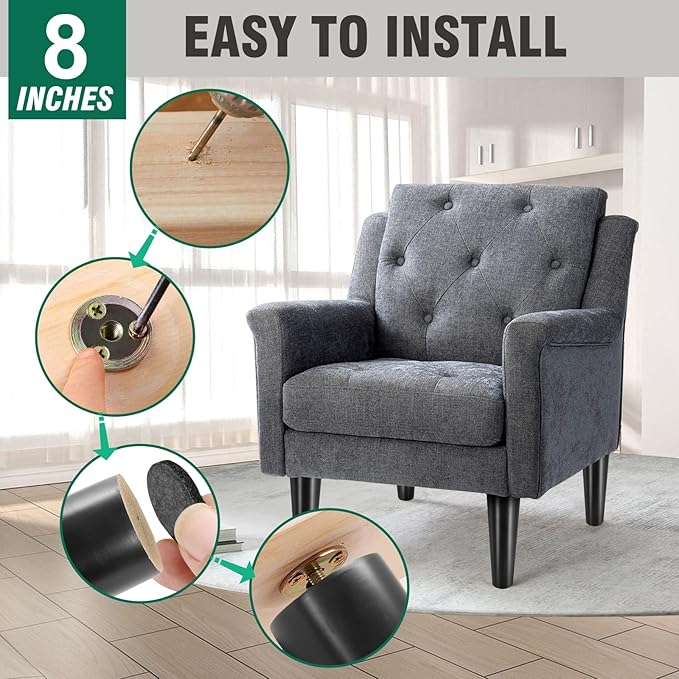 FoDau770 Black Rubber Wood Furniture Legs 8 Inches, Straight Tapered Wood Feet Mid Century Sofa Legs Set of 4, 5/16" UNC Furniture Feet for Cabinet Couch Dresser Chair Ottoman Table