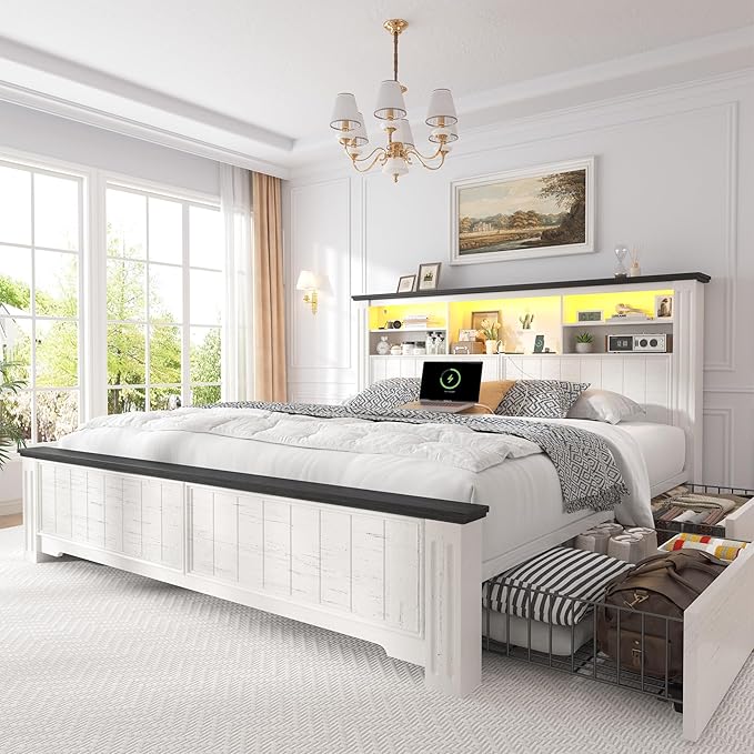 EnHomee Queen Bed Frame with Headboard and Storage, 4 Drawers and LED Built in Charging Station Bed Frame Queen Size with Storage Farmhouse, NO Noise,No Box Spring Needed, White