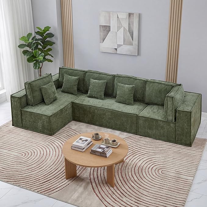 138'' Boneless Chenille L Shaped Couch, Oversized Modular Sectional 5 Seater Sofa, Modern Deep Seat Corner Cloud Compressed Couch, No Assembly Sleeper Sofa with Chaise for Living Room, Green