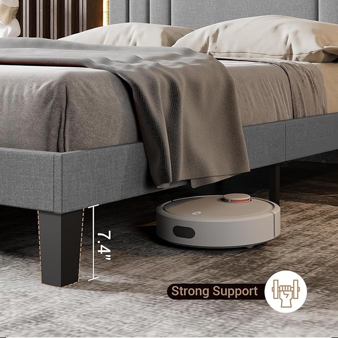 Tyndall Queen Size Bed Frame, Linen Fabric Upholstered Platform with Headboard