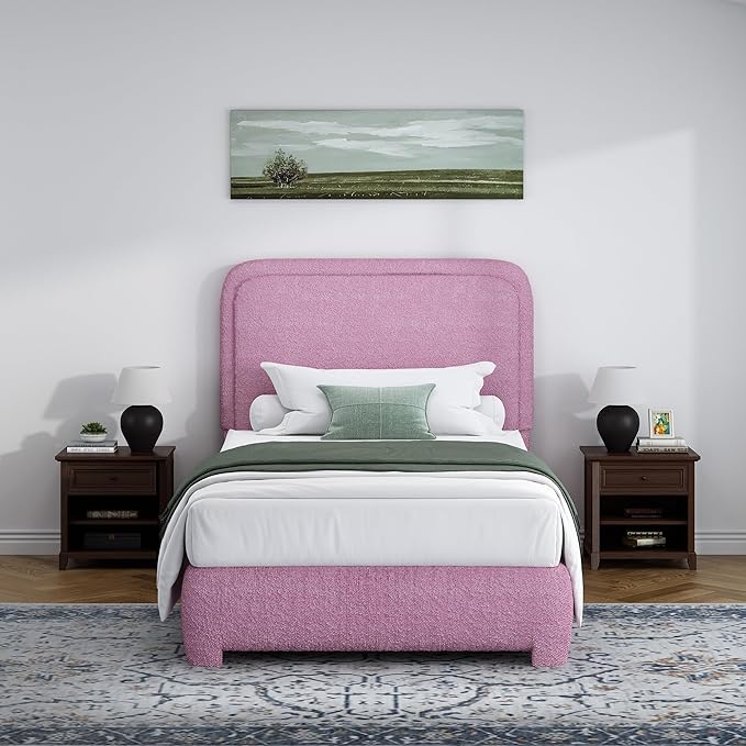BarnFurin Twin Size Bed Frame, Boucle Upholstered Platform Bed Frame with Headboard, Soft Rounded Corners, No Box Spring Required, Non-Slip and Noise-Free, Easy Assembly, Rose Pink