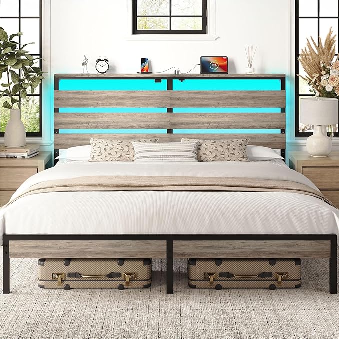 Rolanstar King Size Bed Frame with LED Lights and Charging Station, Wood Storage Headboard and Under Bed Storage, Metal Platform, Noise Free, No Box Spring Needed, Balck Oak