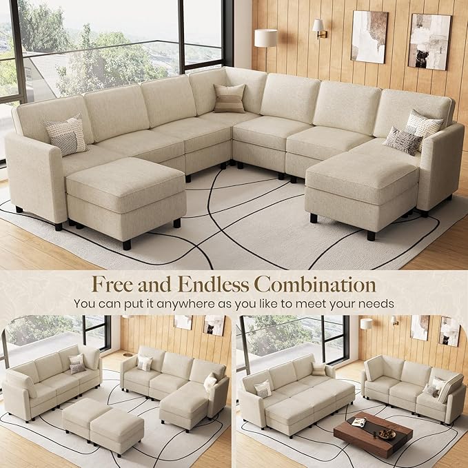 Belffin 107.1" 9 Seats Modular Sectional Sofa U Shaped Couch Big Corner Washable Sectional Couches for Living Room Comfy Couches with Storage Seat Couch Sofas with Chaise,Beige