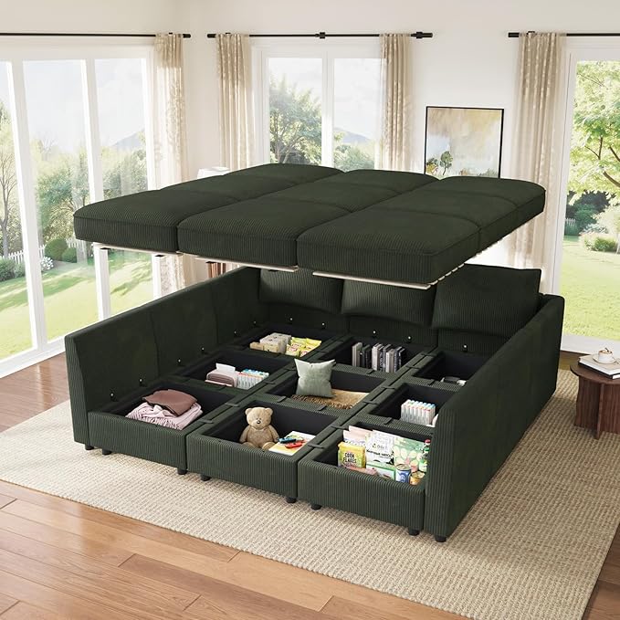 HONBAY Modular Sectional Sleeper Sofa with Storage, Modular Convertible Sectional Couch Bed Module Sleeper Couches for Living Room - Green